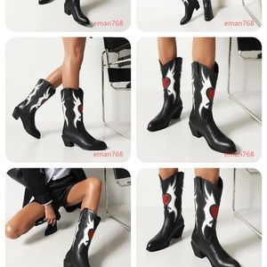 New Retro Embroidery Shoes Womens Mid Chunky Heels Cowboy Western Mid-calf Boots